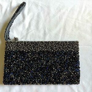 VTG Ykk Blue Gray Heavy Beaded Elegant Clutch Purse Wristlet Zipper Closure GUC